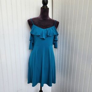 Express Mini Dress Womens Teal Ruffle Cold Shoulder Party Date Night  Stretch XS